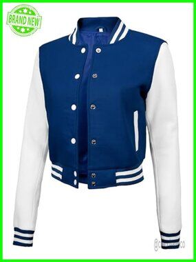 Women Cropped Fleece Letterman Varsity Bomber Jacket Button Front Long Sleeve